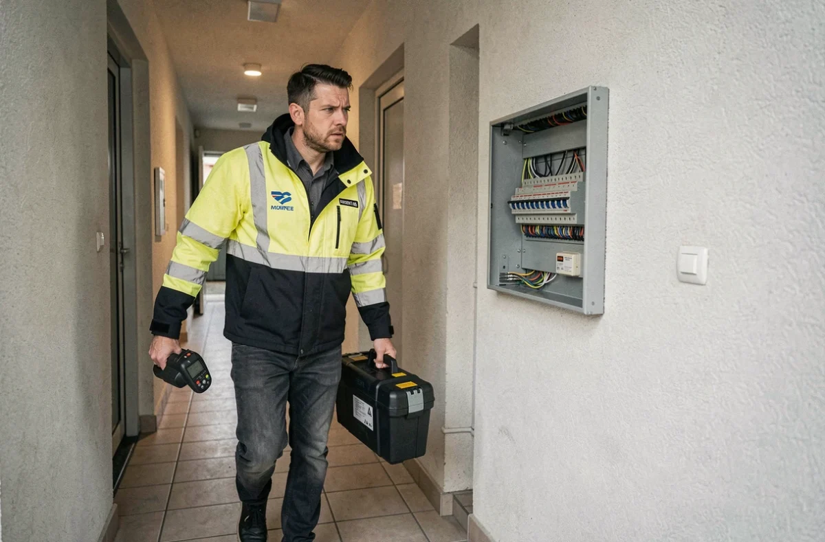 Technicien de Mon Depann'Heure arrivant rapidement pour un dépannage électrique dans un immeuble résidentiel