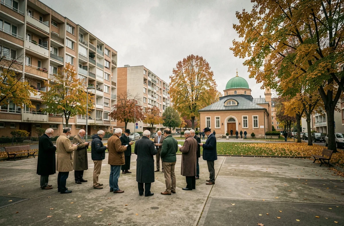 Vue extérieure d'une mosquée en Seine-Saint-Denis avec des fidèles après la prière dans un quartier d'Île-de-France