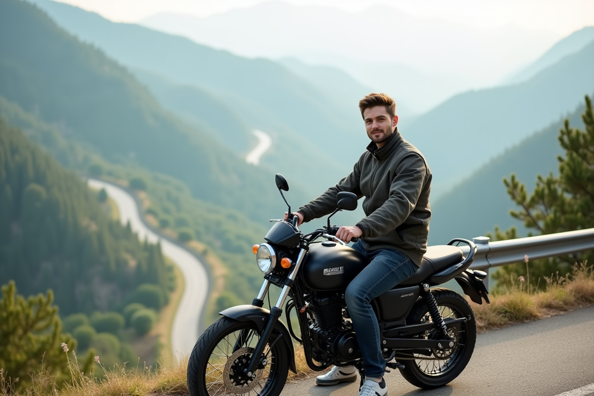 Jeune homme en moto sur un panorama de montagne