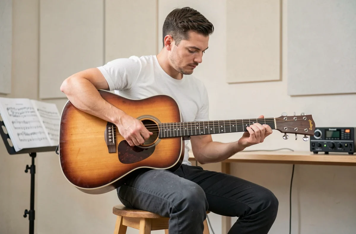Musicien intermédiaire jouant une guitare acoustique Atlantic sunburst dans un home studio épuré