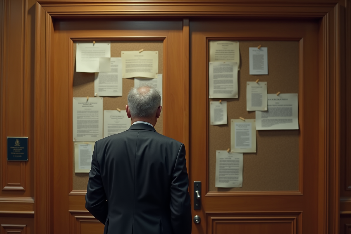 Notaire âgé examinant des courriers sur un tableau dans son bureau