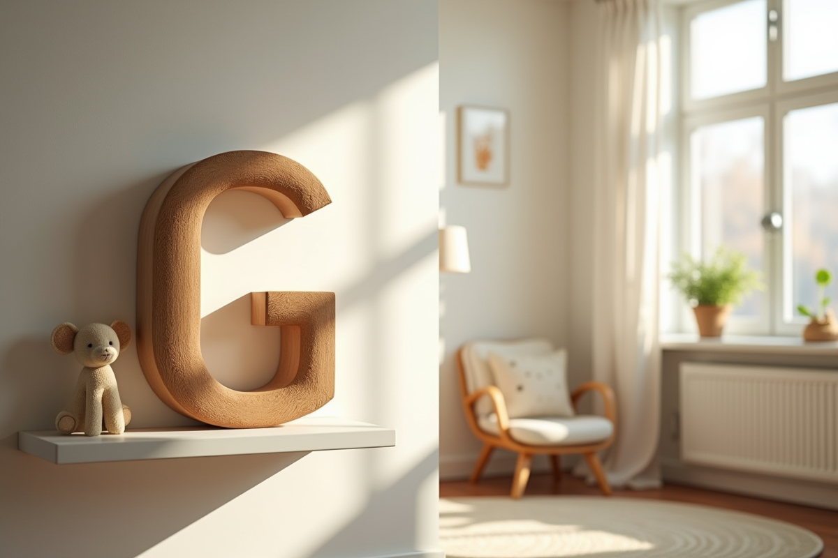 Chambre moderne avec lettre G en bois sur une étagère ensoleillée