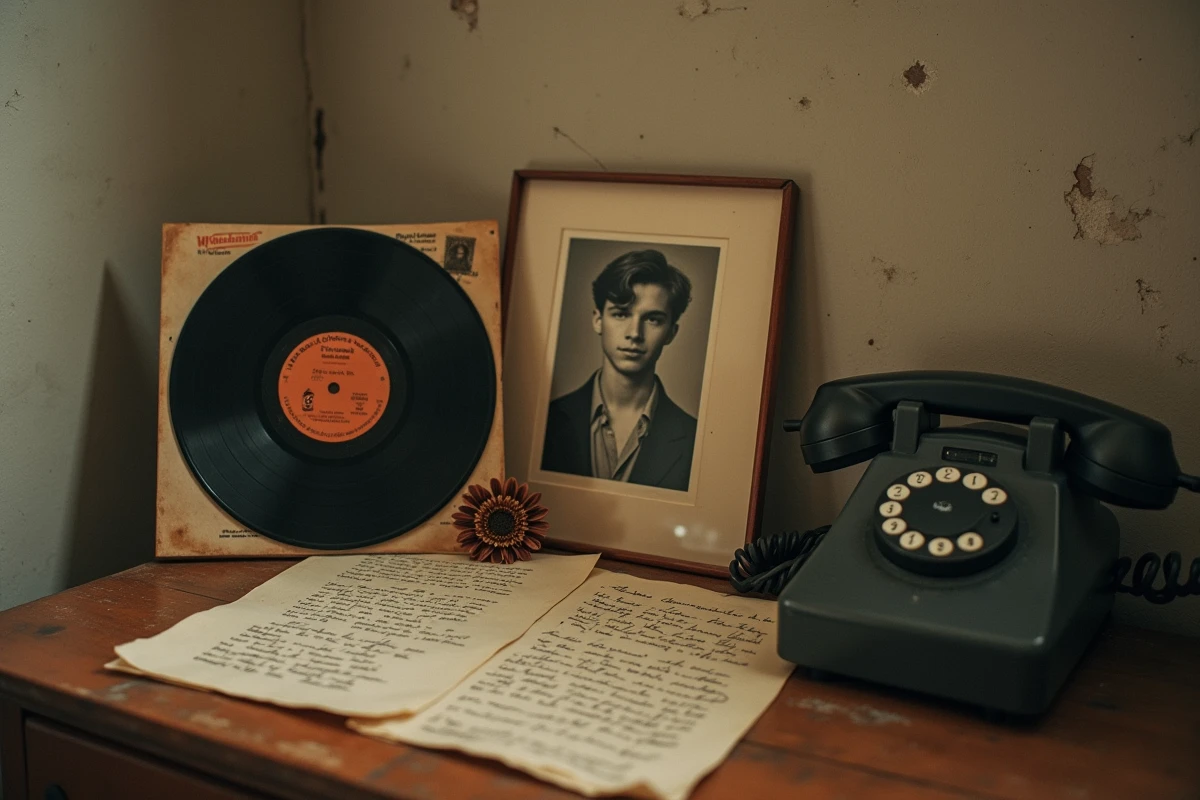 Objets personnels d'un artiste des années 1970 sur un bureau ancien : disque vinyle, lettres manuscrites et photographie en noir et blanc évoquant la mémoire et le deuil