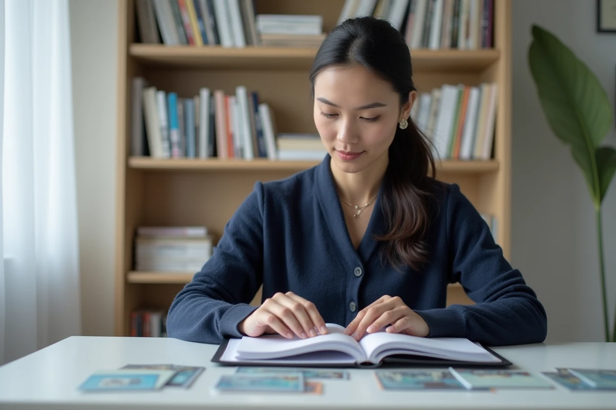 Femme organisant une collection de télécartes dans des pochettes de protection sur un bureau de bureau à domicile