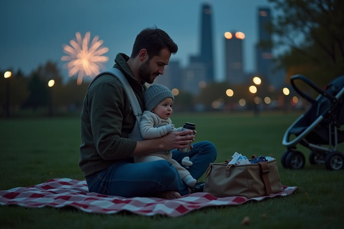 Papa avec bébé en porte-bébé ventral installé sur une couverture de pique-nique lors d'un feu d'artifice en plein air