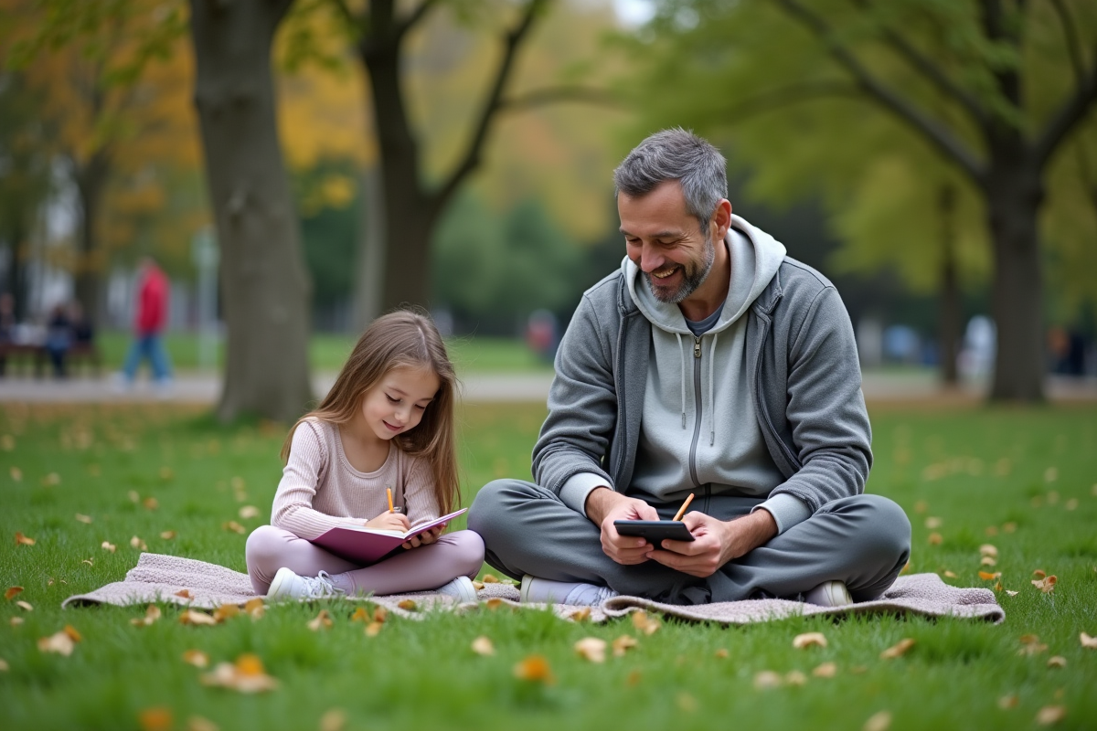 Père aide sa fille à faire ses devoirs dans un parc urbain