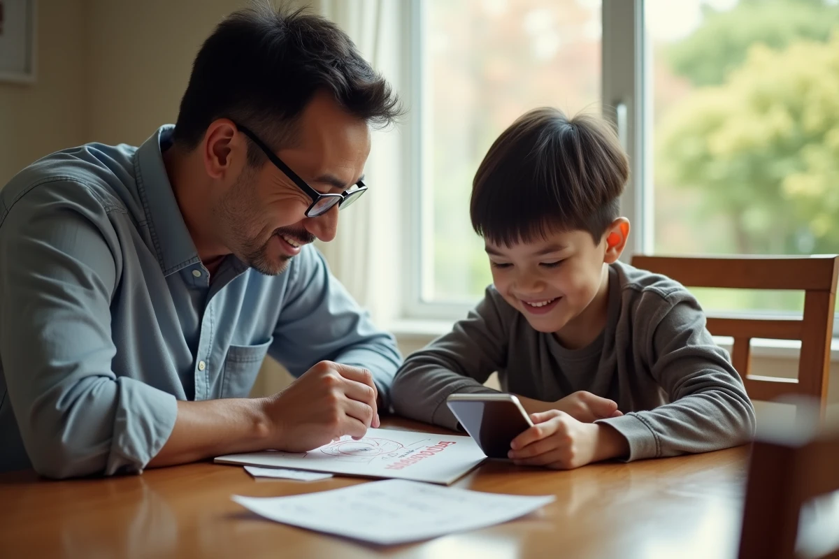 Père explique stratégie Monopoly Go à un garçon à la table