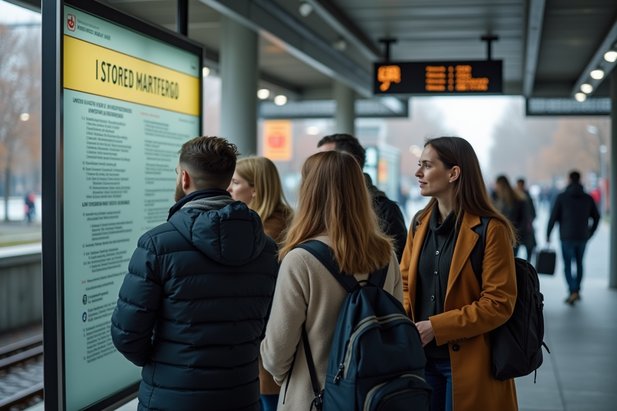 Passagers divers consultent un avis d interchange dans la station