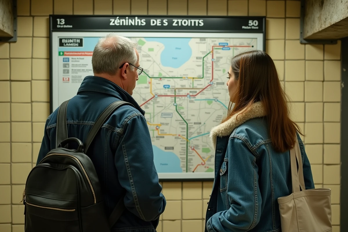 Deux passagers consultant le plan du métro ligne 13 avant de rejoindre le Zénith de Paris
