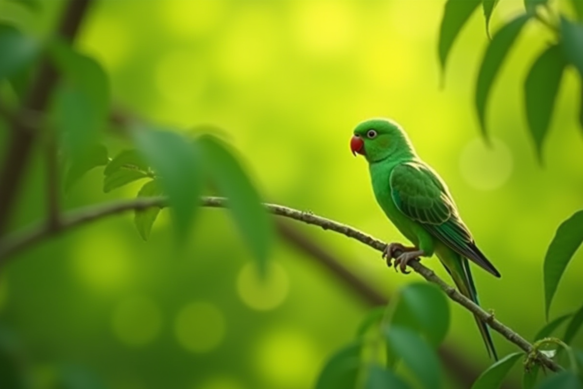 Perroquet perché dans un arbre feuillu avec lumière douce