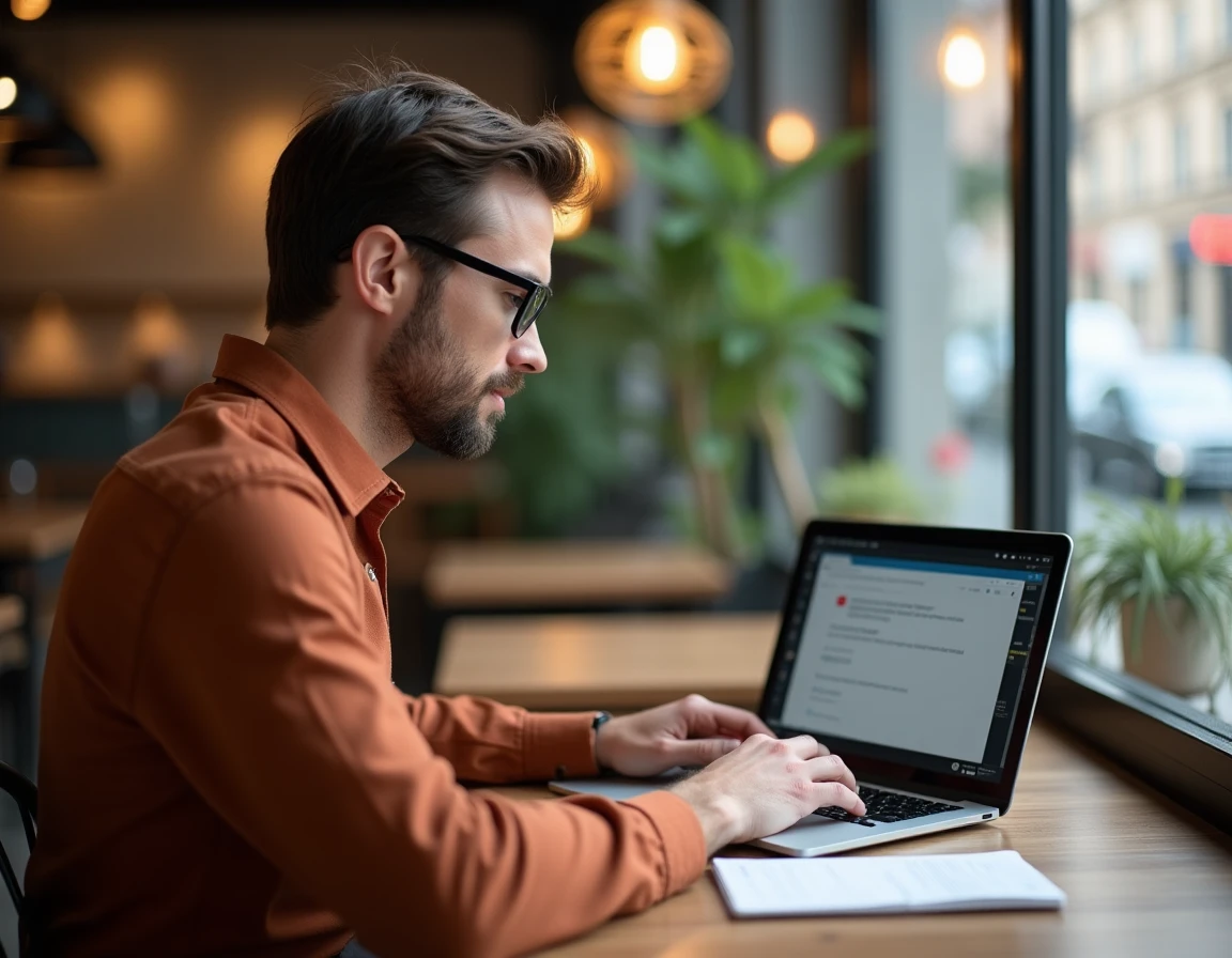 Personne dans un café cherchant une solution à un site web qui ne fonctionne plus, avec des notes manuscrites sur la table