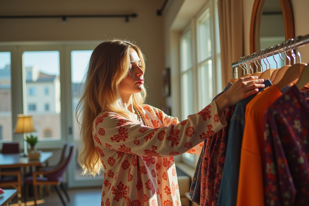 Personne nonbinaire choisissant des vêtements colorés dans une boutique