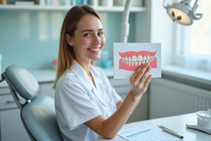 Personne souriante tenant un guide de teinte dentaire dans une clinique moderne