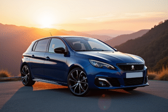 Peugeot 308 GTI sur route de montagne au coucher du soleil