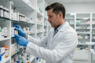 Pharmacien ARC organisant des médicaments sur les étagères d'une pharmacie moderne