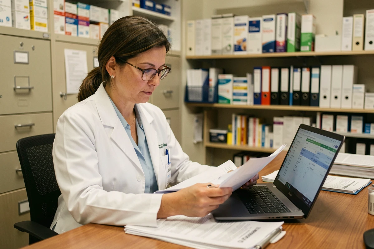 Pharmacienne ARC consultant des documents pharmaceutiques dans un bureau de pharmacie