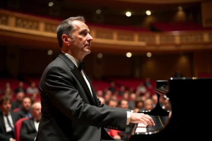 Pianiste français en concert dans une grande salle de spectacle jouant du piano à queue devant un public