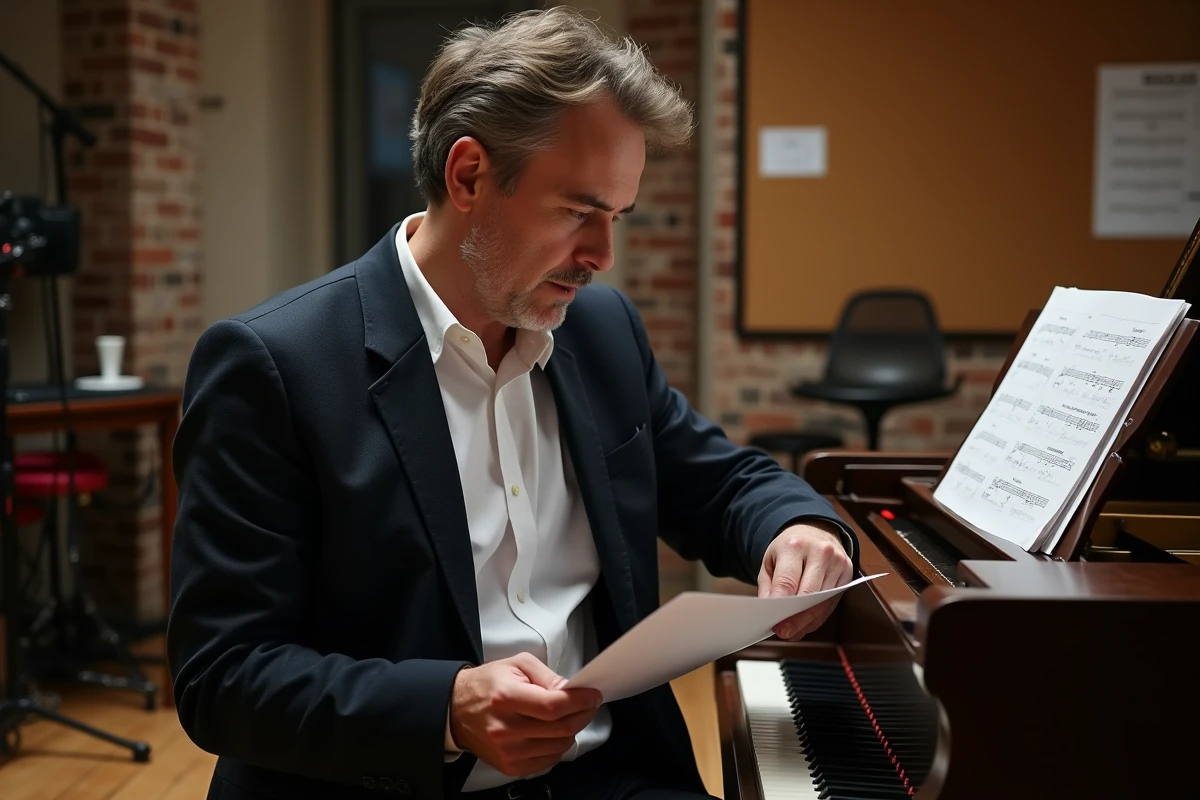 Pianiste français en coulisses révisant ses partitions avant un concert en tournée