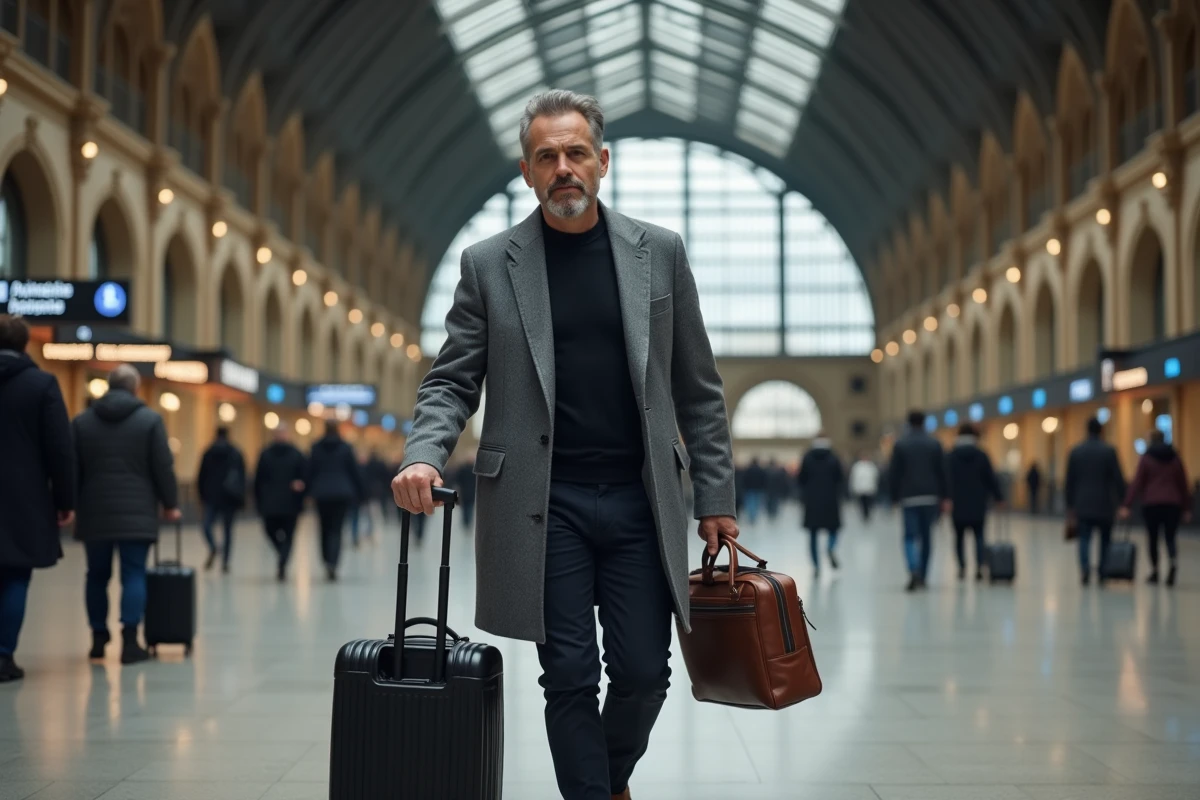 Pianiste français célèbre traversant une grande gare en tournée avec ses bagages