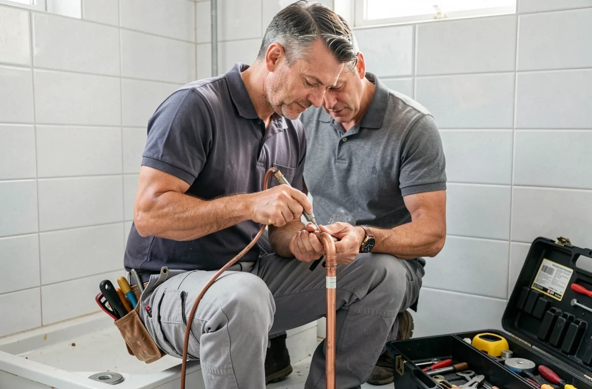 Plombier David Ferrero soude des raccords en cuivre lors d'une rénovation de salle de bain dans les Alpes-Maritimes