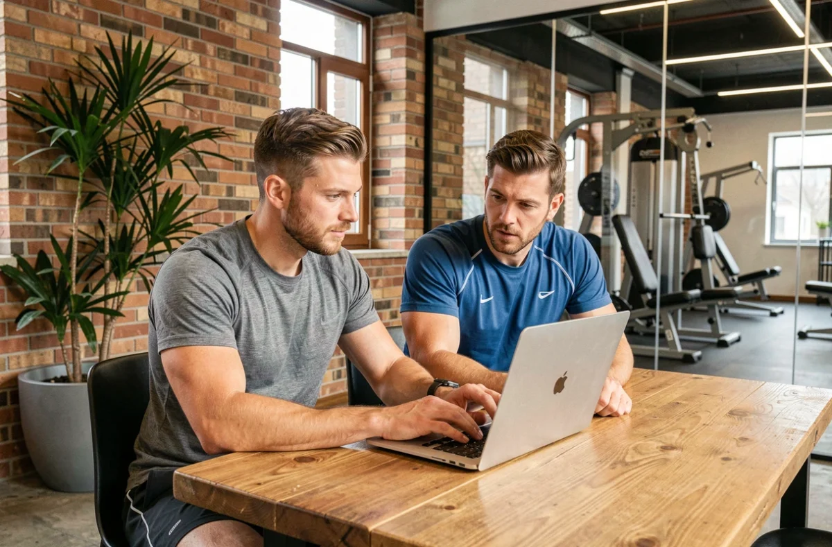 Deux sportifs consultant ensemble les astuces et fonctionnalités d'un espace membre fitness en ligne
