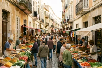 Rue animée du quartier Noailles à Marseille avec une foule diverse et des étals de marché colorés, illustrant la densité de population de la ville