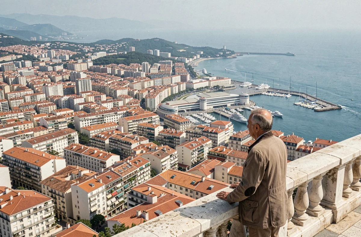 Vue panoramique de Marseille depuis Notre-Dame de la Garde montrant l'étendue urbaine dense et les toits en direction du Vieux-Port