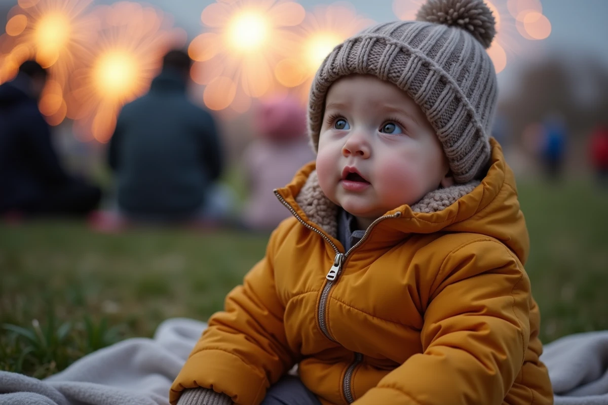 Portrait en gros plan d'une petite fille en bas âge émerveillée par un feu d'artifice, casque protège-oreilles visible