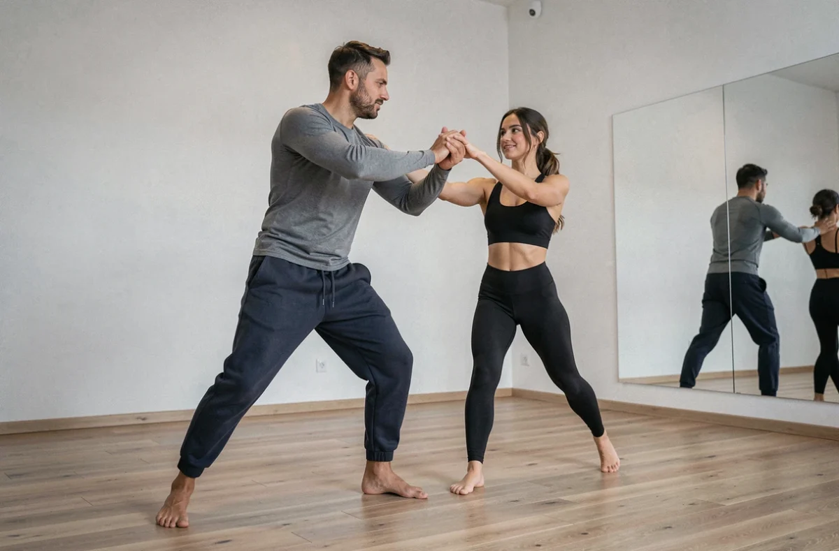 Homme pratiquant le guidage en zouk lors d'une répétition en studio avec connexion et posture expressives