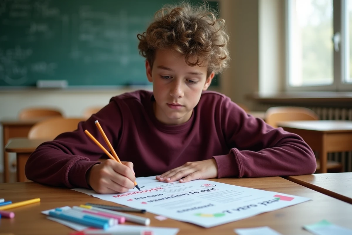 Adolescent préparant une affiche de candidature au poste de délégué de classe avec des marqueurs et des modèles imprimés