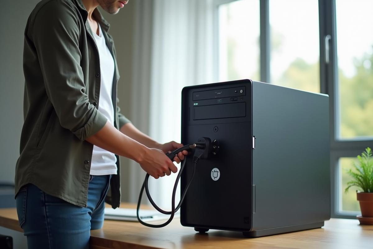 Personne débranchant un ancien PC dans un bureau lumineux
