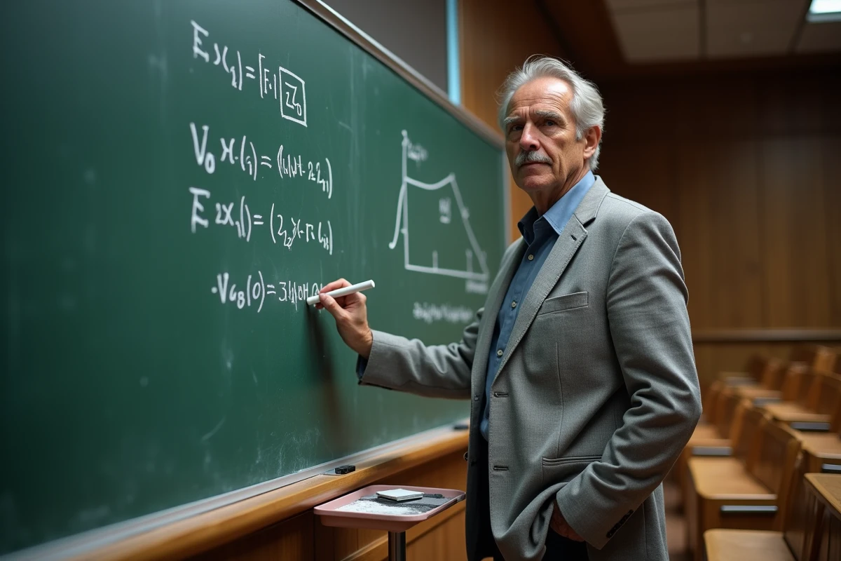 Professeur de physique expliquant le passage du champ magnétique au calcul du champ électrique au tableau dans un amphithéâtre universitaire