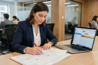 Professionnelle en blazer marine consultant un calendrier annuel imprimé à son bureau pour vérifier les semaines impaires de 2026