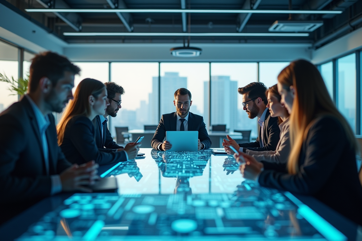 Professionnels IT collaborant autour d'une table lumineuse