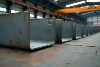 Trois profilés en U en acier de nuances S235, S275 et S355 posés sur un sol en béton dans un atelier métallurgique industriel