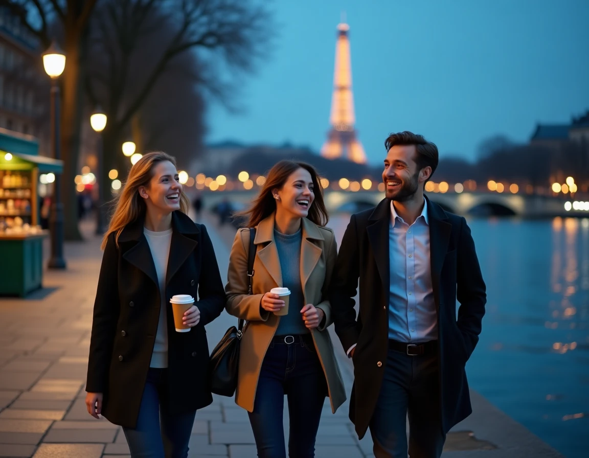 Collègues se promenant au bord de la Seine à Paris après le travail pour décompresser en soirée