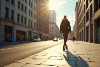 Personne marchant dans une ville ensoleillée sur le trottoir