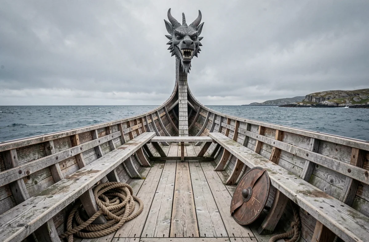 Proue en forme de dragon d'un drakkar viking sur une mer nordique grise et rocailleuse