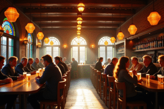 Intérieur d'un pub belge animé en après-midi avec des gens dégustant une bière traditionnelle