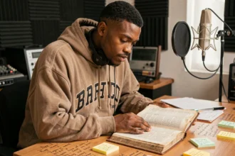 Jeune rappeur étudiant la traduction d'un banger rap avec un dictionnaire et des paroles manuscrites dans un home studio