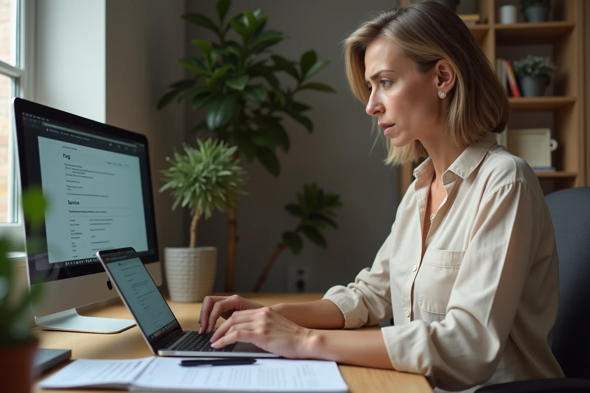 Femme recherchant sur ordinateur et smartphone comment contacter Uber Eats gratuitement depuis la France sans arnaque