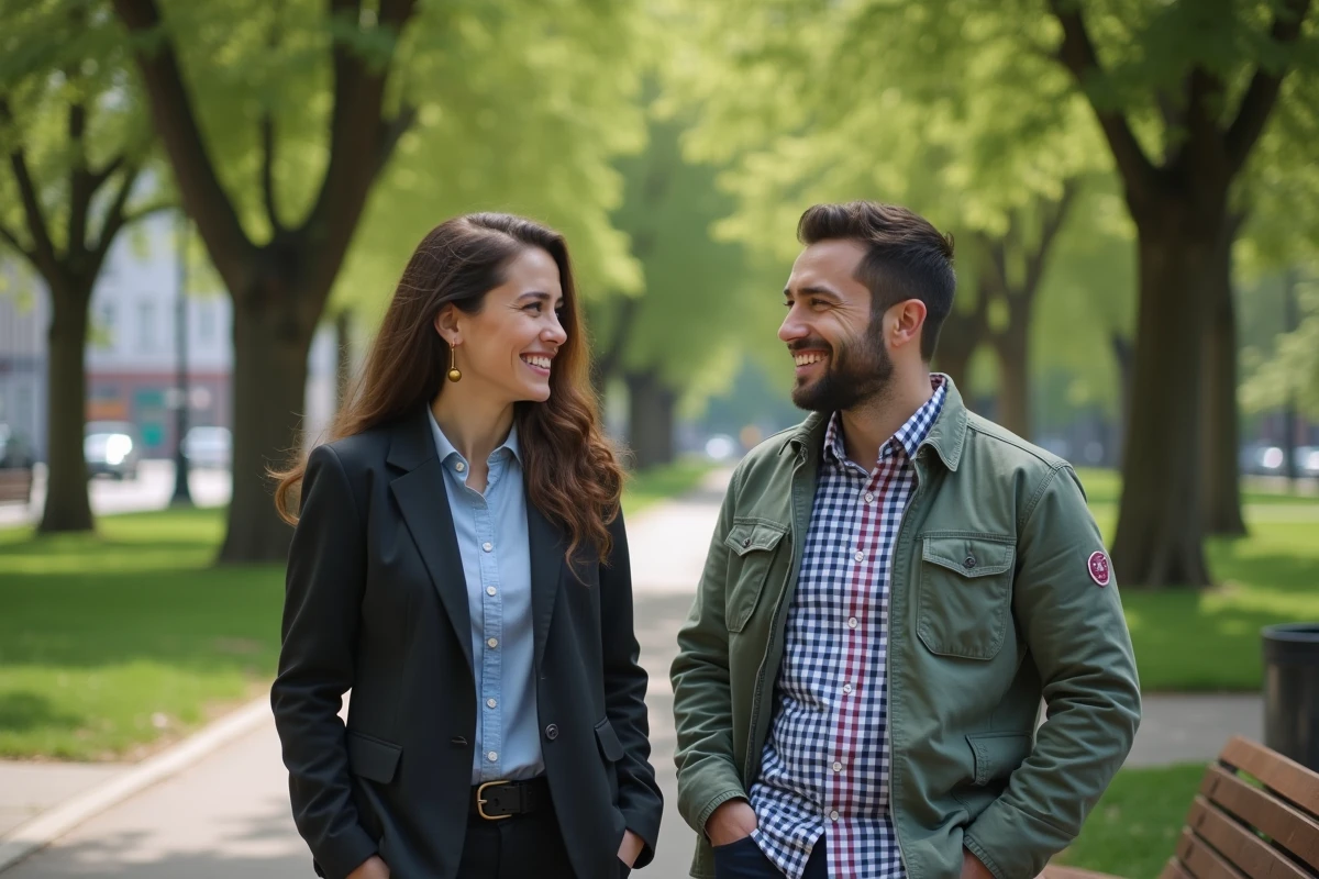 Deux personnes discutant dans un parc urbain verdoyant