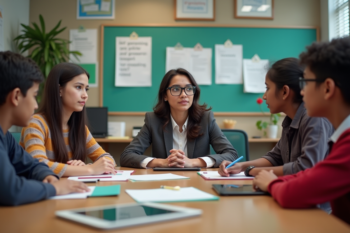 Réunion entre enseignants et parents dans un bureau scolaire