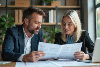 Homme et femme d'affaires analysant des rapports immobiliers