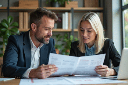 Homme et femme d'affaires analysant des rapports immobiliers