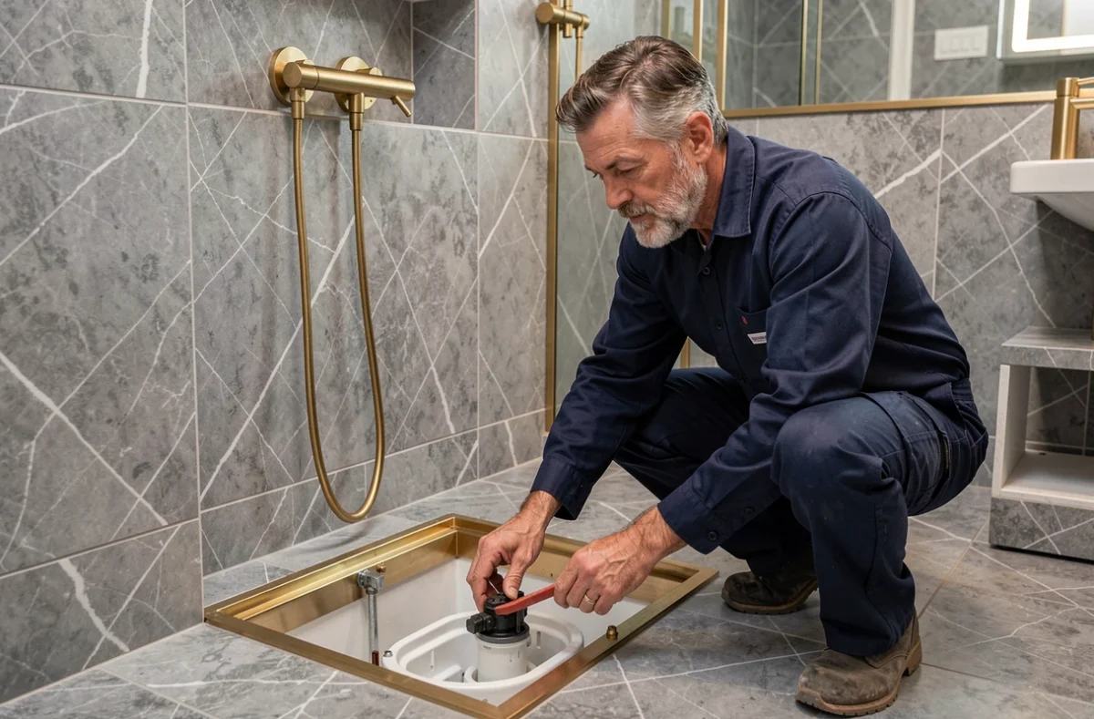 Plombier Romagnani installant une chasse d'eau encastrée dans une salle de bain haut de gamme avec carrelage marbre