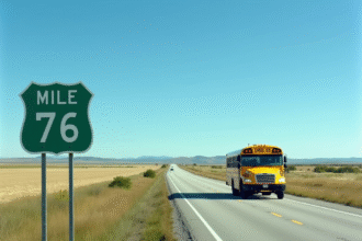 Route américaine avec panneaux de miles et bus scolaire jaune