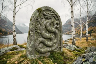 Runestone viking sculpté d'un dragon nordique sur un paysage de roche mousseuse en Scandinavie