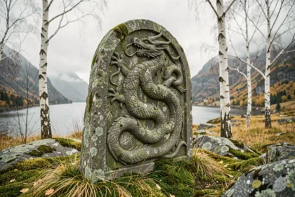 Runestone viking sculpté d'un dragon nordique sur un paysage de roche mousseuse en Scandinavie
