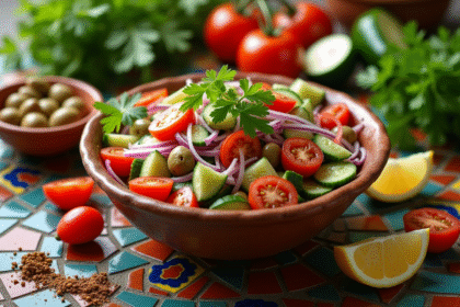 Salade marocaine traditionnelle dans un bol en céramique avec ingrédients frais